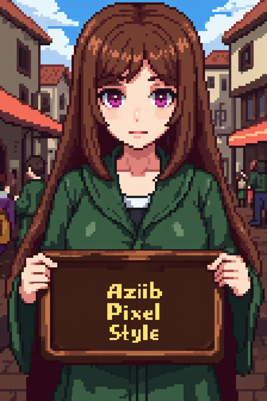 <lora:Aziib_Pixel_Style:1> in the style of aziib_pixel. pixel art of female portrait with brown hair, wearing closed green robes, pink eyes, she holding dark brown wooden board with light text that says "Aziib Pixel Style". medieval town background with crowd market.