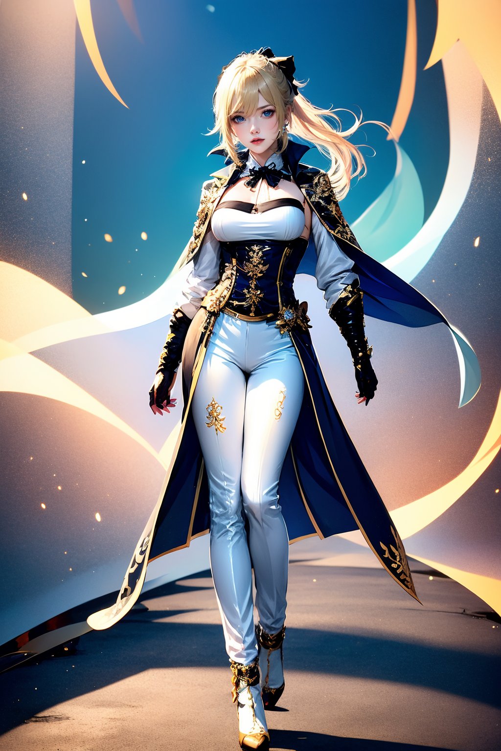 1girl, jean \(genshin impact\), solo, blonde hair, capelet, white pants, breasts, high heels, blue eyes, full body, pants, looking at viewer, ponytail, gloves, jewelry, long hair, hair bow, bow, detached sleeves, corset, standing, earrings,