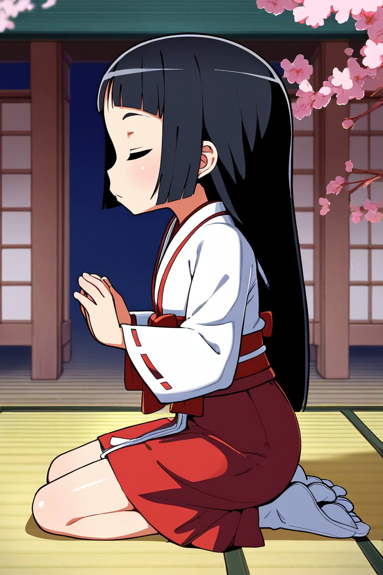 score_9, score_8_up, score_7_up, rating_safe BREAK1girl, blunt bangs, forehead, extremely long hair, shiny black hair, closed eyes, flat chest, (praying), miko, red skirt, japanese clothes, tabi, on floor, (seiza), from side, full body, wide shot, shrine, cherry blossoms