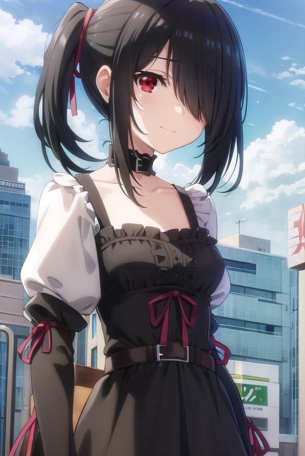 kurumitokisaki, <lora:kurumi tokisaki s2-lora-nochekaiser:1>,kurumi tokisaki casual, (tokisaki kurumi:1.2), long hair, black hair, (red eyes:1.3), long sleeves, dress, pantyhose, (hair over one eye:1.5), (black dress:1.5), black pantyhose, (puffy sleeves:1.5), choker, collarbone, skirt, black skirt, flowers, hair flowers, purple flowers, twintails, low twintails, smile,BREAK ,BREAK outdoors, city, building, sky, sun, clouds, people, crowd,BREAK looking at viewer, (cowboy shot:1.5),BREAK <lyco:GoodHands-beta2:1>, (masterpiece:1.2), best quality, high resolution, unity 8k wallpaper, (illustration:0.8), (beautiful detailed eyes:1.6), extremely detailed face, perfect lighting, extremely detailed CG, (perfect hands, perfect anatomy),