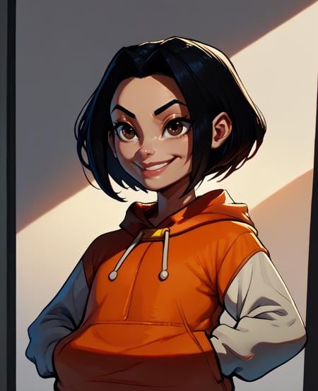 score_9,score_8_up,score_7_up,score_6_up,jadejca,short black hair,brown eyes,hands in pockets,upper body,smiling,orange short sleeved hoodie,white long sleeves,hood down,blue pants,Hong Kong,morning,<lora:JadeJCA:1>,