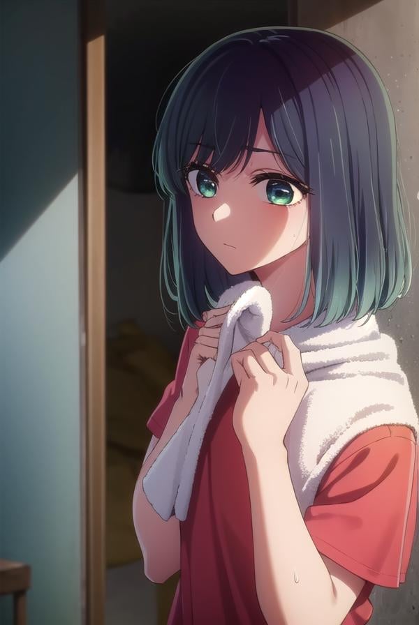 akanekurokawa, <lora:akane kurokawa s1-lora-nochekaiser:1>,akane kurokawa, bangs, (green eyes:1.3), blue hair, medium hair, dark blue hair,BREAK shirt, short sleeves, towel, t-shirt, red shirt, towel around neck, sweat pants,BREAK indoors, mirror, gym, sweat,BREAK looking at viewer, (cowboy shot:1.5),BREAK <lyco:GoodHands-beta2:1>, (masterpiece:1.2), best quality, high resolution, unity 8k wallpaper, (illustration:0.8), (beautiful detailed eyes:1.6), extremely detailed face, perfect lighting, extremely detailed CG, (perfect hands, perfect anatomy),