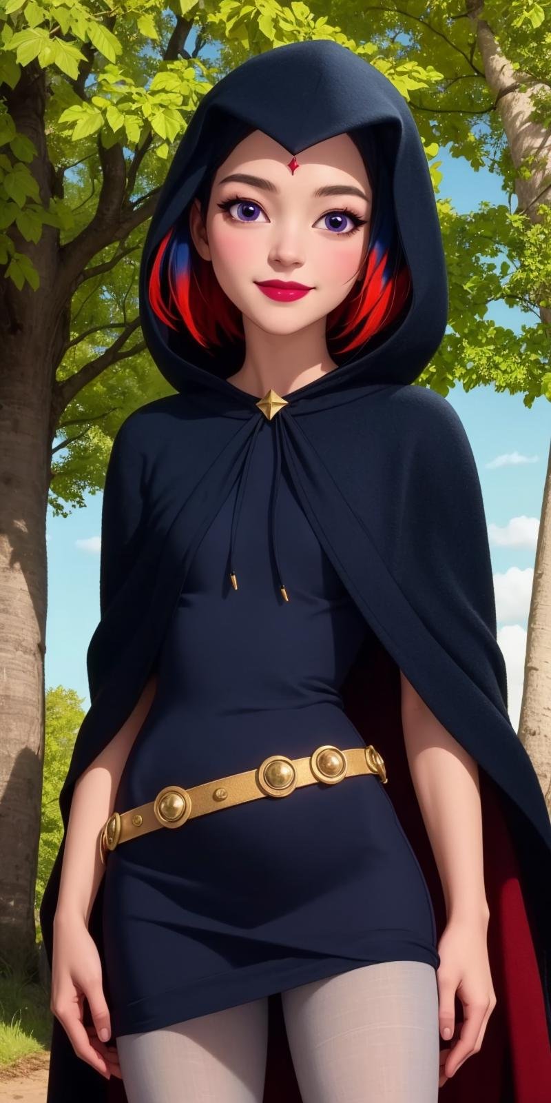 raven, 1girl, solo, purple eyes, black hair, red hair, multicolored hair, two-tone hair, gradient hair, short hair, makeup, forehead jewel,black dress, pantyhose, belt, cape, hood,smile,closed mouth,cowboy shot,upper body,forest,outdoor,(insanely detailed, beautiful detailed face, masterpiece, best quality) cinematic lighting,<lora:Raven_SHG_v1:1>, <lora:more_details:0.3>,