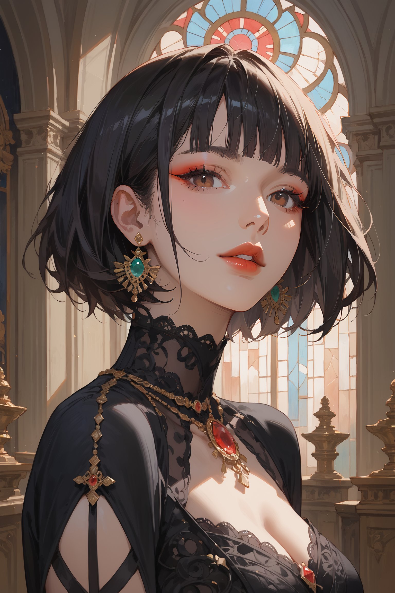 score_9, score_8_up, score_7_up, masterpiece, best quality, absurdres, very aesthetic, source_anime, detailed illustration, 8K UHD, close up, 1girl, solo, looking at viewer, short hair, bangs, black hair, brown eyes, jewelry, upper body, earrings, parted lips, indoors, blunt bangs, black dress, makeup, ring, gem, red lips