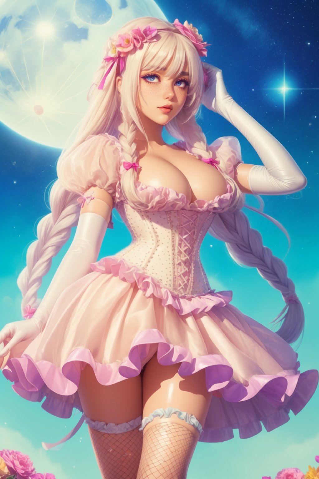 anime artwork beautiful Moroccan:1.3  adult woman, solo,  <lora:MBGD-44:0.7> dr3ss,  (Ethereal Luminous Moonlight) shiny latex, dress,corset, pearl \(gem\) frills, elbow gloves, detatched sleeves, puffy short sleeves, cleavage, (hair ribbons), fishnet:1.2, arms above head,  hourglass figure,  socks, high heels eyeliner, eyeshadow, makeup, (freckles) ((white hair)) braided crown, (flower hair garland:1.2)  vibrant, highly detailed,  ,best quality, high quality, . anime style, key visual, vibrant, studio anime,  highly detailed