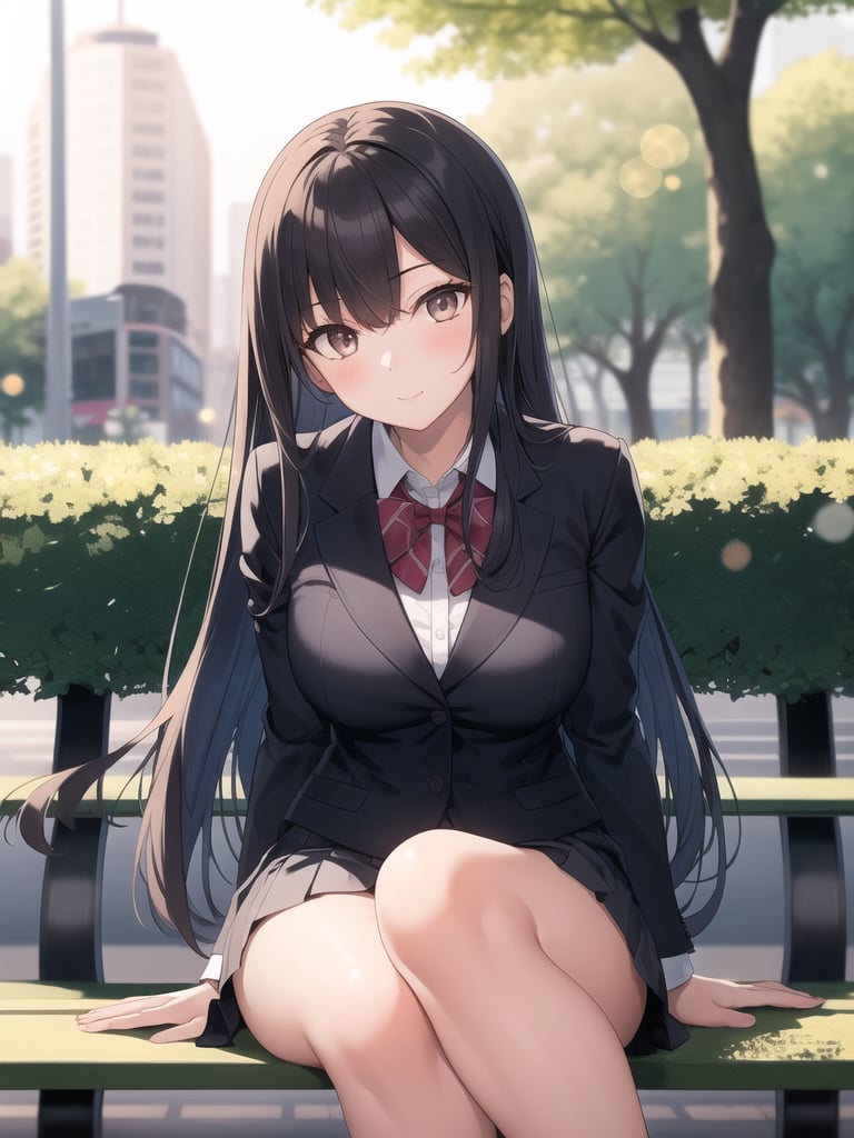 best quality,1girl,park,spring,bench,sitting,long hair,skirt,formal shirt,bokeh,