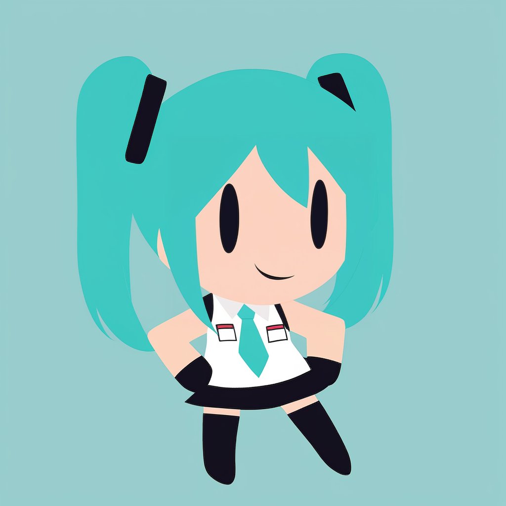 simple background, flat color, no lineart, chibi, solo, 1girl, hatsune miku, smile, hands on hips, twintails, sleeveless shirt, necktie, detached sleeves, skirt, black thighhighs <lora:style_helltakerchibi_xl-000005:1>