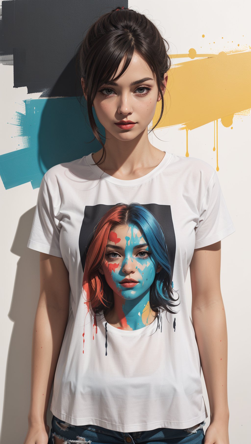 A color poster of a mixture of graffiti and paint on a wall,portrait of a woman,upperbody,wearing white t-shirt,minimalist,with dynamic movement and bold colors,mixture,