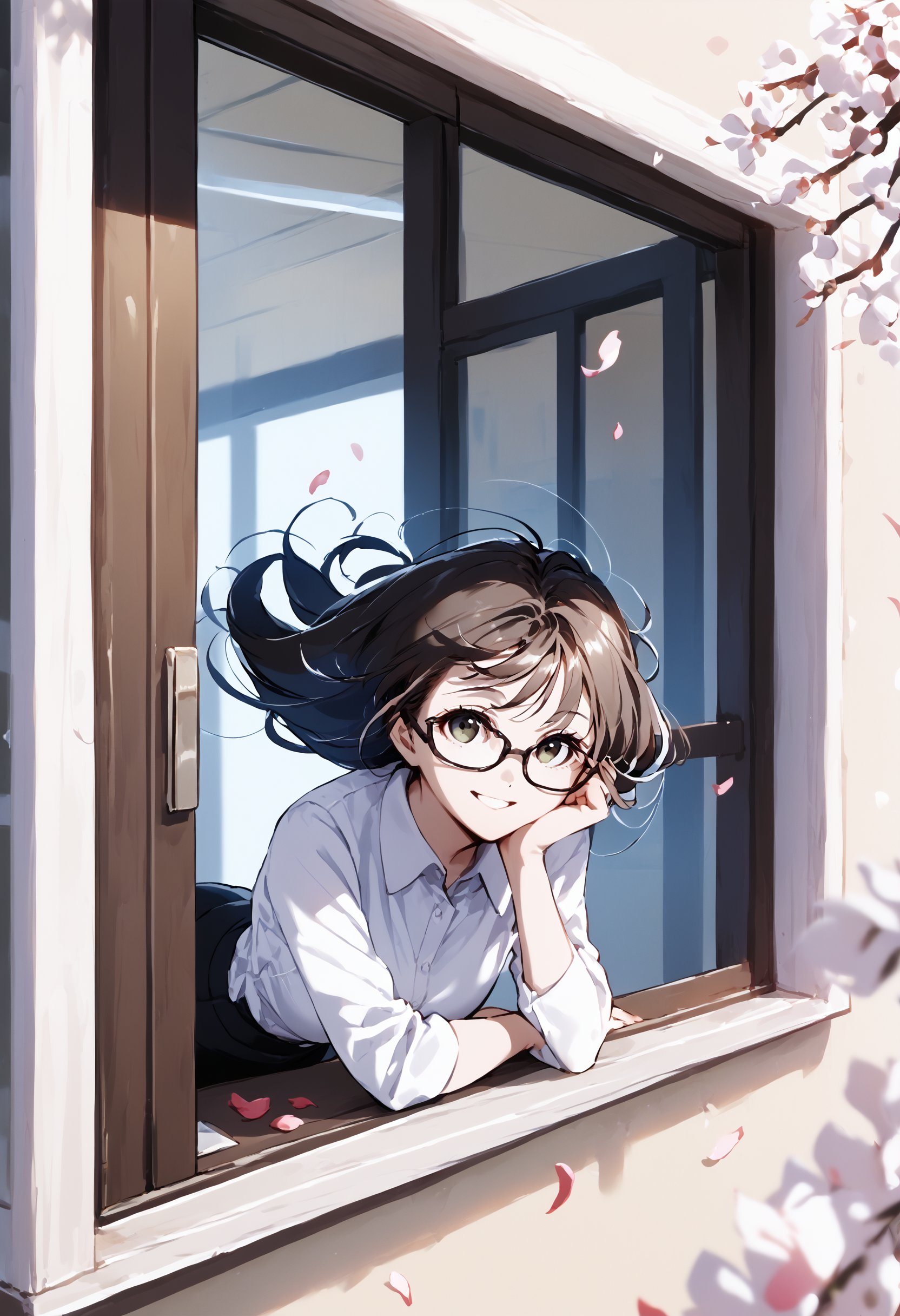 score_9_up score_8_up score_7_up, 1girl, glasses, white shirt, from outside window, office lady, window, windowsill, leaning forward, arm support, smile, floating hair, petals<lora:style_yoneyama_mai_12A:1><lora:from_outside_window_24re_pony_2_d4:1>