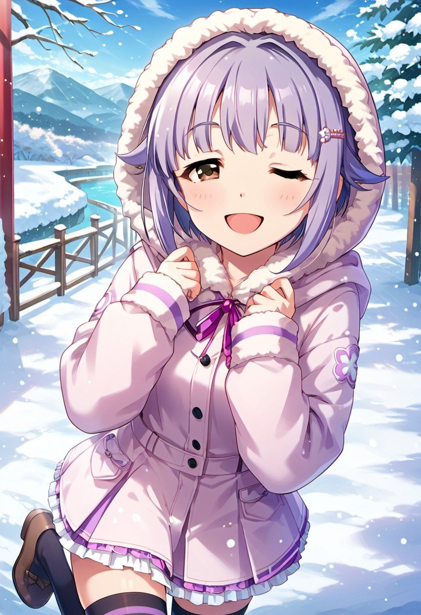 score_9, score_8_up, score_7_up, source_anime,koshimizu sachiko, short hair, purple hair, brown eyes, hair ornament, snow, one eye closed, hairclip, thighhighs, smile, open mouth, looking at viewer, 1girl, striped, hood, skirt