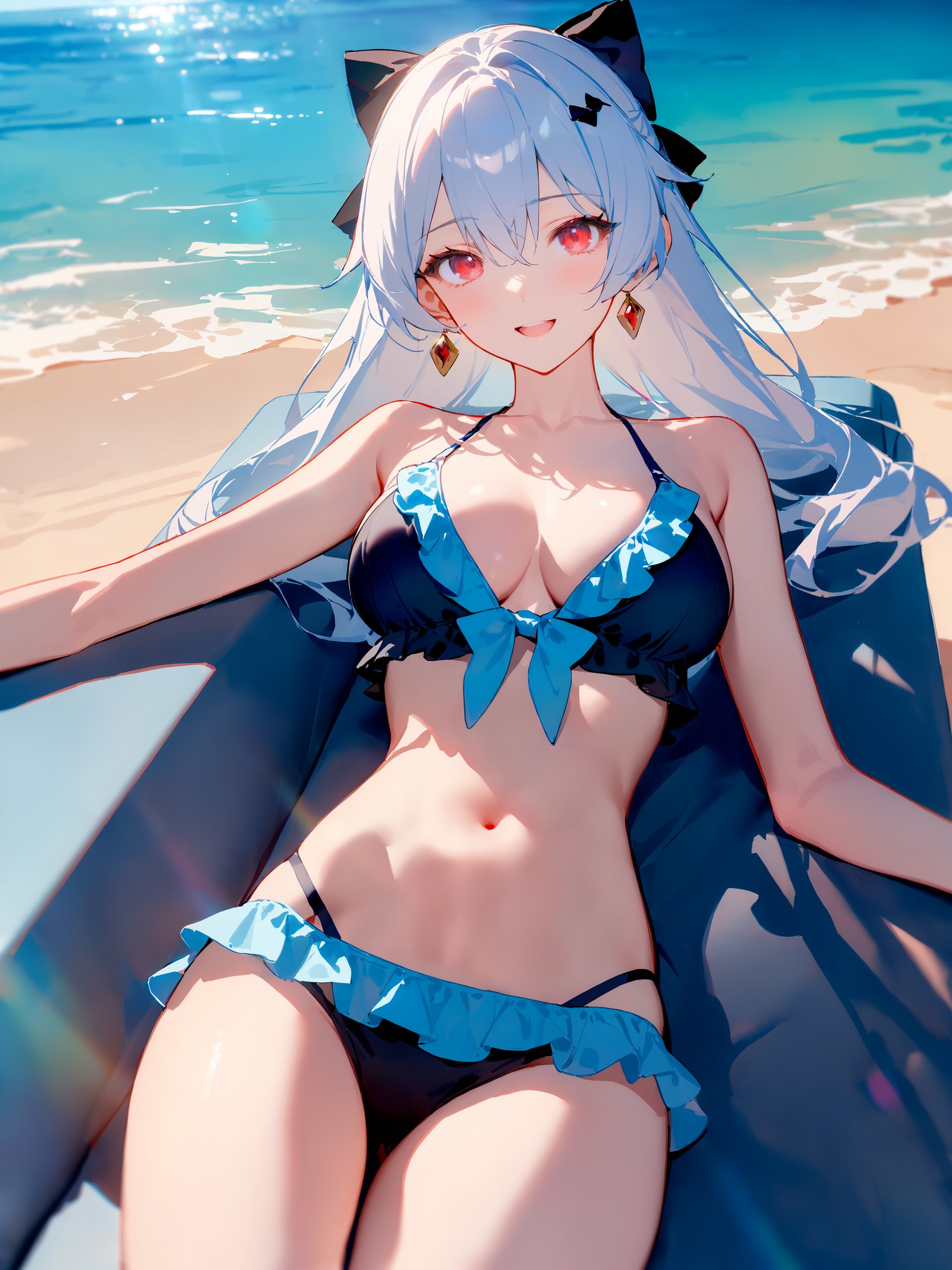 masterpiece, best quality, very aesthetic, ray tracing, newest,(hitenkei, askzy:0.5), 1girl, theresa apocalypse, solo, hair bow, frilled bikini, looking at viewer, reclining, beach, ocean, sunlight, blue sky, depth of field, laughing  <lora:Char-Honkai-Theresa-XL-V1:0.9>