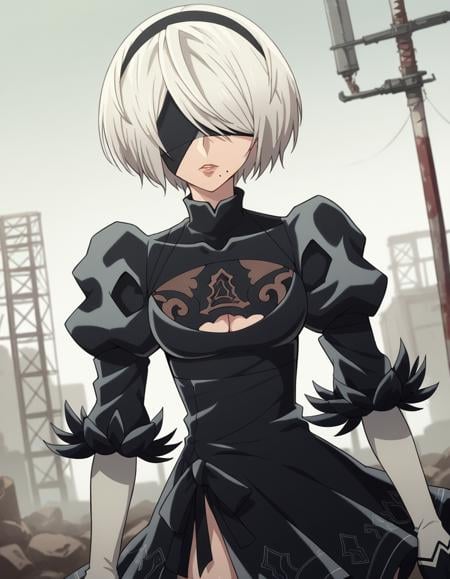 score_9, score_8_up, score_7_up, source_anime,2b, <lora:2b-s1-ponyxl-lora-nochekaiser:1>,2b, yorha no. 2 type b, short hair, white hair, hairband, mole, black hairband, mole under mouth, blindfold, covered eyes, black blindfold,gloves, long sleeves, dress, puffy sleeves, black dress, clothing cutout, cleavage cutout, juliet sleeves, feather-trimmed sleeves,outdoors, wasteland,solo, dutch angle, looking at viewer, cowboy shot,