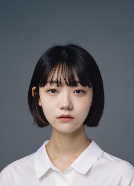 a girl with a short bob and a white shirt,trending on cg society,deep fake,2 0 yo,fragile,small upturned nose,button,dark background board,standing nervously,the face of mechanical transformation,