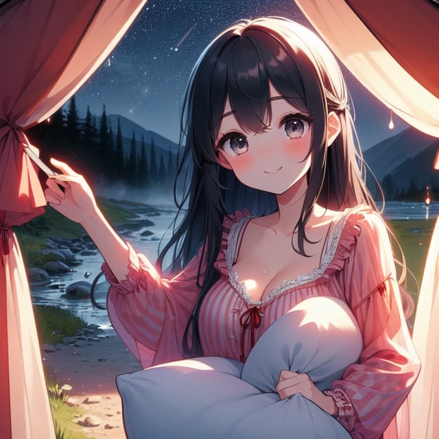 (((masterpiece))),  (((best quality))),  ((camping tent)),  ((open door curtain)),  ((holding pillow)),  ((red frills chiffon pajamas)),  star \(sky\),  (((night))),  raining,  cleavage,  big tits,  collarbone,  sweat,  ribbon,  longhair,  smile,  shy,  blush,  grass,  gravel,<lora:EMS-272345-EMS:1.000000>