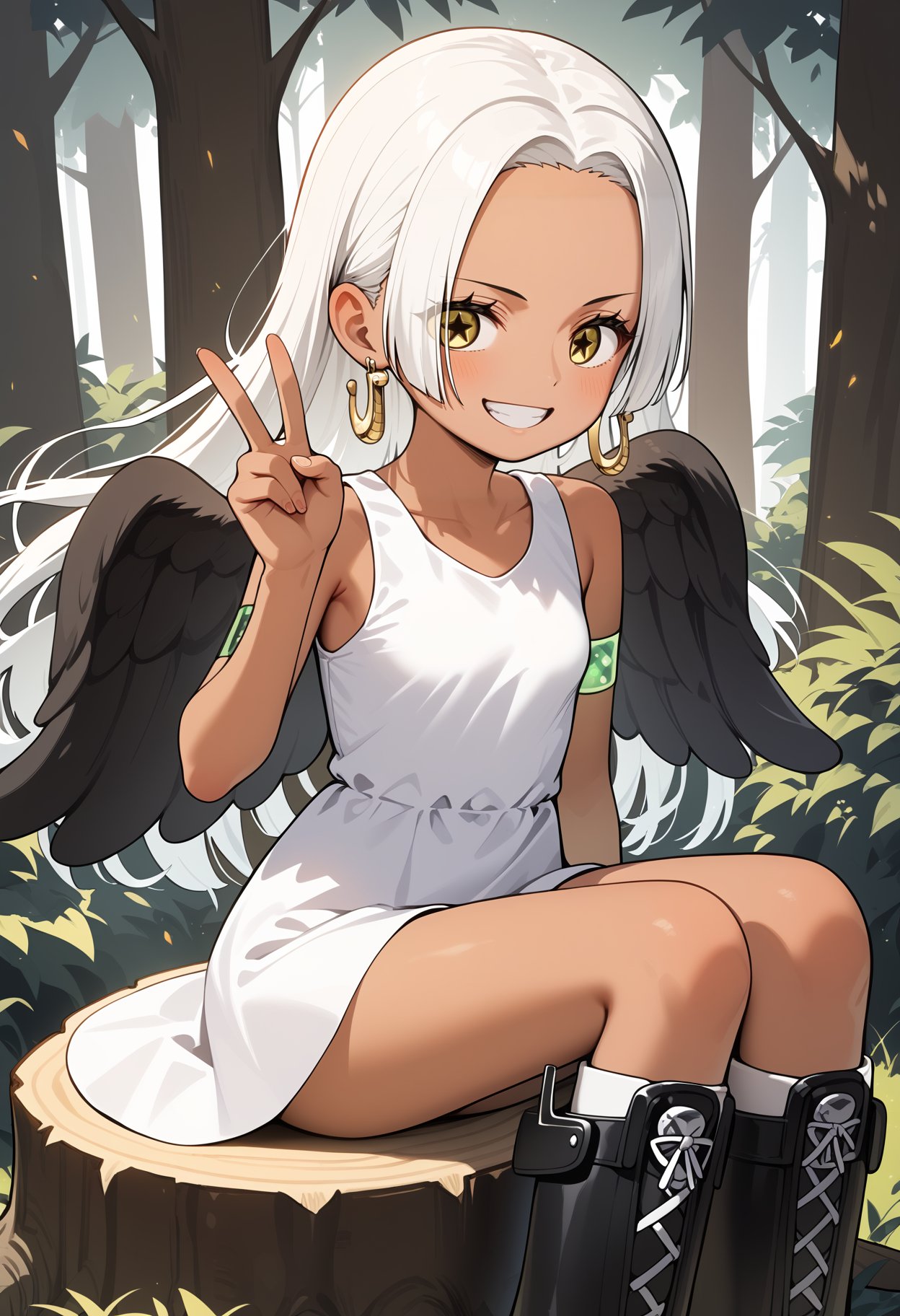 score_9, score_8_up, score_7_up, score_6_up, score_5_up, score_4_up, source_anime, aasnake, long hair, white hair, dark skin, earrings, yellow eyes, symbol-shaped pupils, black wings, small breasts. sundress, white dress, sleeveless, armlet, <lora:s-snake_ponyxl_v1:0.9>, peace sign, forest, tree stump, grin, sitting, knee boots, black footwear, 