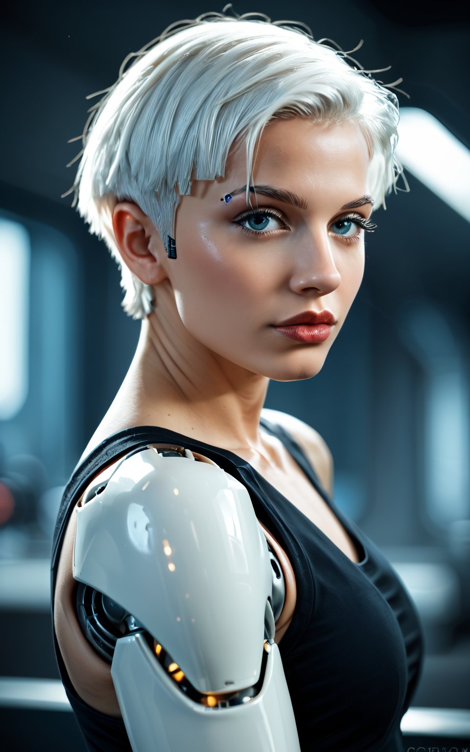 score_9,score_8_up,score_7_up,woman, looking at viewer, short hair, upper body, white hair, blurry, lips, blurry background, science fiction, realistic, android, joints, very short hair, cyborg, robot joints, mechanical parts, cyberpunk<lora:realistic_pony_v1_fp32:1>