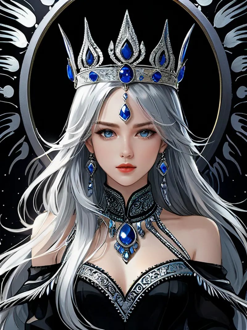 (((masterpiece))),best quality, illustration,(beautiful detailed girl), a girl ,solo,bare shoulders,flat_chst,diamond and glaring eyes,beautiful detailed cold face,very long blue and sliver hair,floaing black feathers,wavy hair,black and white sleeves,gold and sliver fringes,a (blackhole) behind the girl,a silver triple crown inlaid with obsidian,(sit) on the black ((throne)), (depth) of (field)