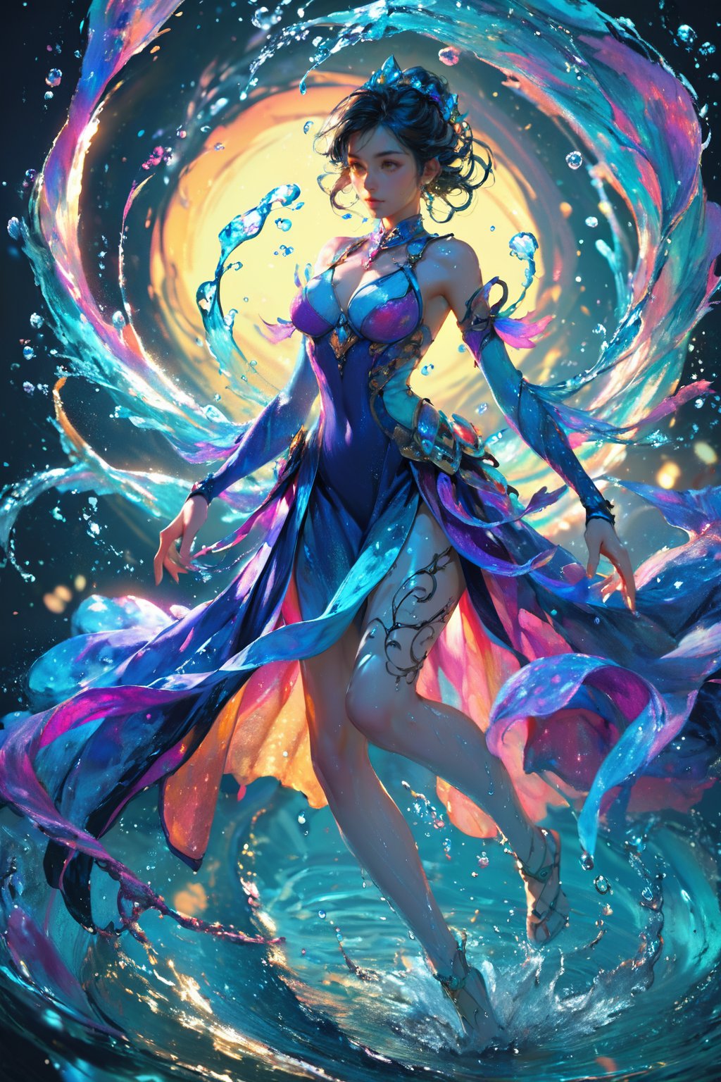 score_9, score_8_up, score_7_up, ethereal, fantasy, surrounded by water splashes, dramatic lighting, dramatic and mystical mood, intricate blue costume, serene expression, water droplets, vibrant and dynamic composition., <lora:yushui-pony:0.6>, full body, 