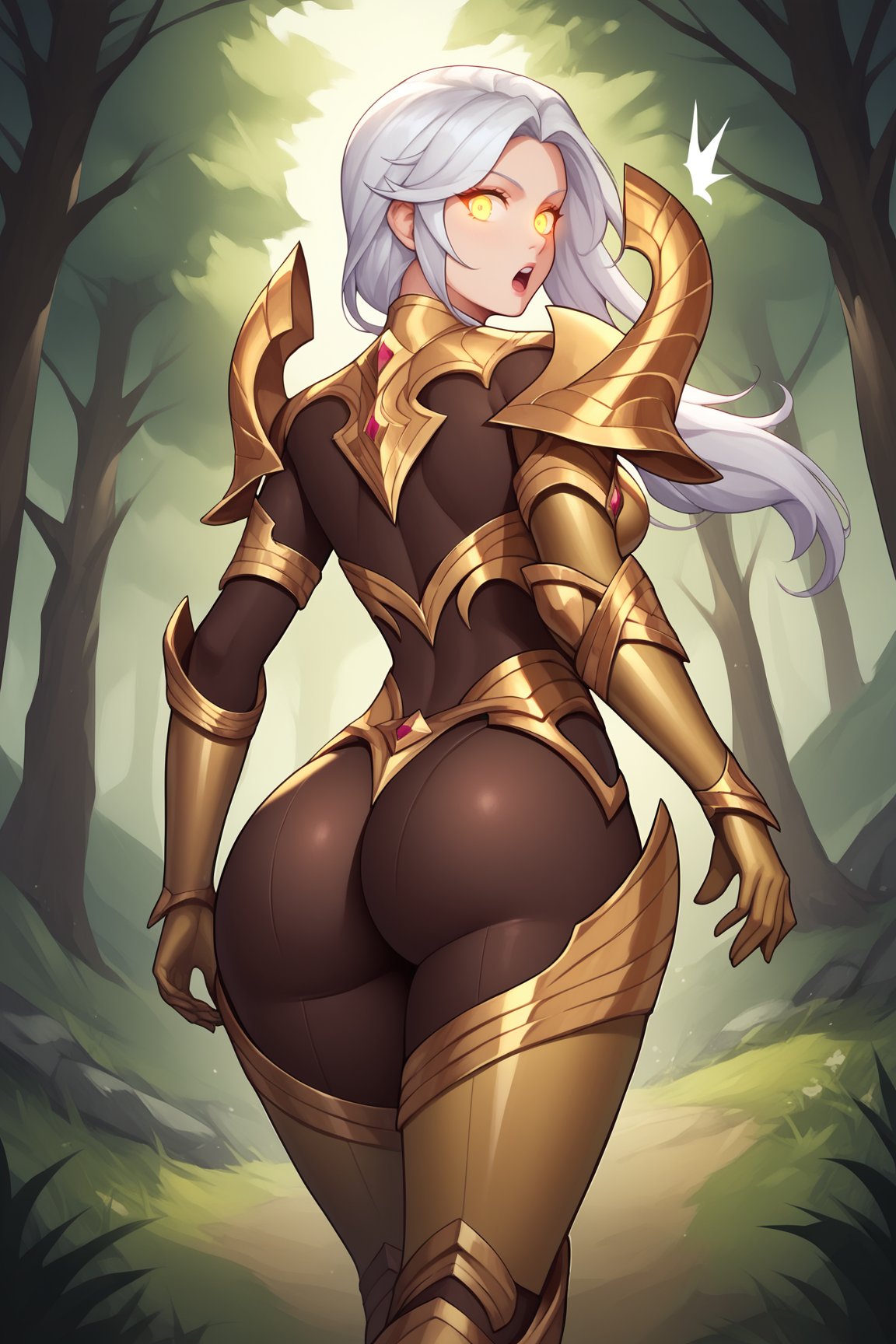 score_9, score_8_up, score_7_up, score_6_up, score_5_up, score_4_up, BREAK, KayleLoLXL, glowing eyes, yellow eyes, white hair, long hair, sidelocks, bangs, medium breasts, gold armor, gold shoulder armor, arm armor, gold gloves, gold breastplate, brown bodysuit, gold leg armor, solo, standing, from behind, ass focus, big ass, ass, surprised, looking at viewer, forest, tree <lora:KayleLoLXL:0.9>