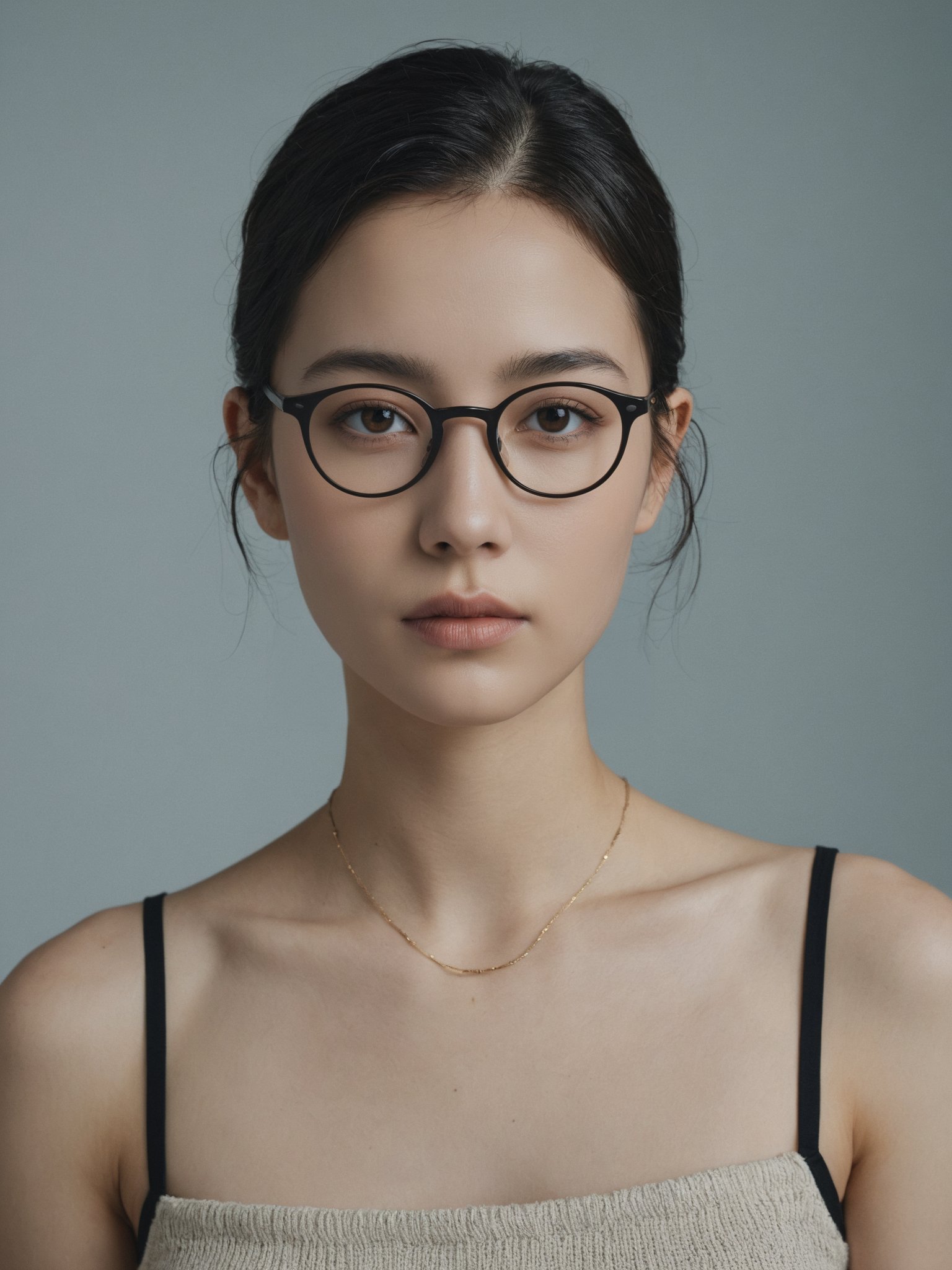 raw photo of a beautiful 25 year old woman,mixed etnicity,a woman with glasses with yellow lenses,(nude:1.4),(small breasts:1.2),leather band around chest covering breasts,nonbinary model,blonde messy pixie cut hair,looking straight into camera,professional makeup,(medium shot portrait:1.5),(hyperrealism:1.2),(photorealistic:1.4),Alessio Albi,fashion,photography,photography-color,portraits,studio lighting,beauty dish,Diffused light soft even glow,shot with Canon EOS 5D Mark IV,Telephoto lens,detailed face,detailed hair,Depth Of Field,fabric background,cinematic framing,low camera