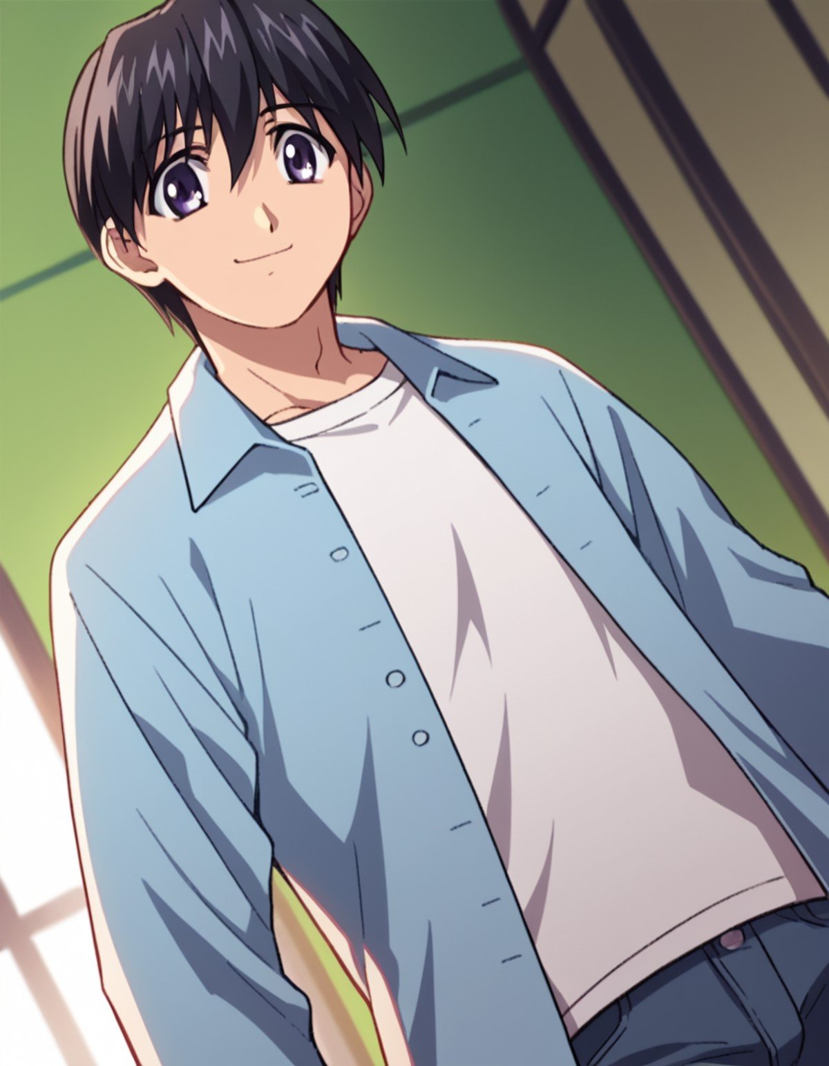 score_9, score_8_up, score_7_up, source_anime,elfenliedkouta, <lora:elfen-lied-kouta-s1-ponyxl-lora-nochekaiser:1>,kouta, purple eyes, black hair, male focus,shirt, long sleeves, white shirt, short sleeves, open clothes, pants,indoors, smile,cowboy shot, looking at viewer, solo, dutch angle,