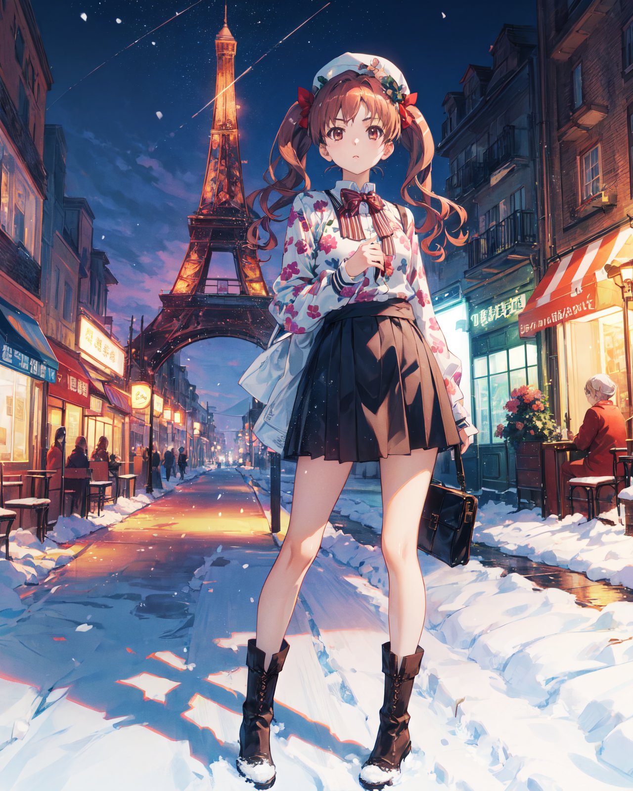 <lora:Kuroko-000003:0.8>,Kuroko CYQL,1girl,looking at viewer,solo,long hair,twintails,brown hair,brown eyes,bow,hair bow,wavy hair,(Striped_beret:1.4),(Polka_dot_midi_skirt:1.3),(Retro_ankle_boots:1.2),(Parisian_café_background:1.4),(smirk:1.2),(bust:1.1),foreshortening,Winter garden, Snow-covered landscape, Frosty blooms, Snowflakes, Winter wonderland, English charm,beautiful detailed sky,beautiful detailed glow,posing in front of a colorful and dynamic background,masterpiece,best quality,beautiful and aesthetic,contrapposto,female focus,wallpaper,<lora:增强减少细节add_detail:0.4>,