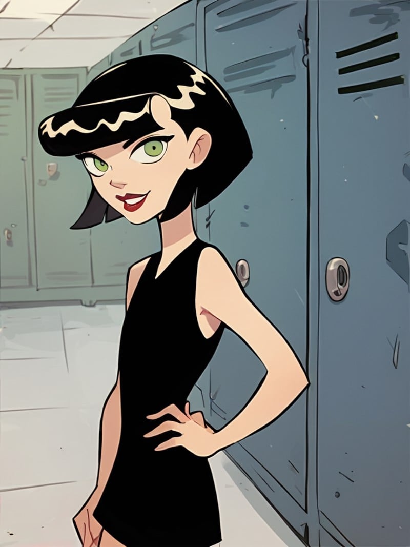 <lora:IngridPony1.0:0.8> ingridthird, 1girl, black hair, solo, short hair, green eyes, black dress,smile,  sleeveless, makeup,hand on own hip, looking at viewer,  lipstick, bob cut, locker,school,cowboy shot,  score_9, score_8_up, score_7_up, score_6_up