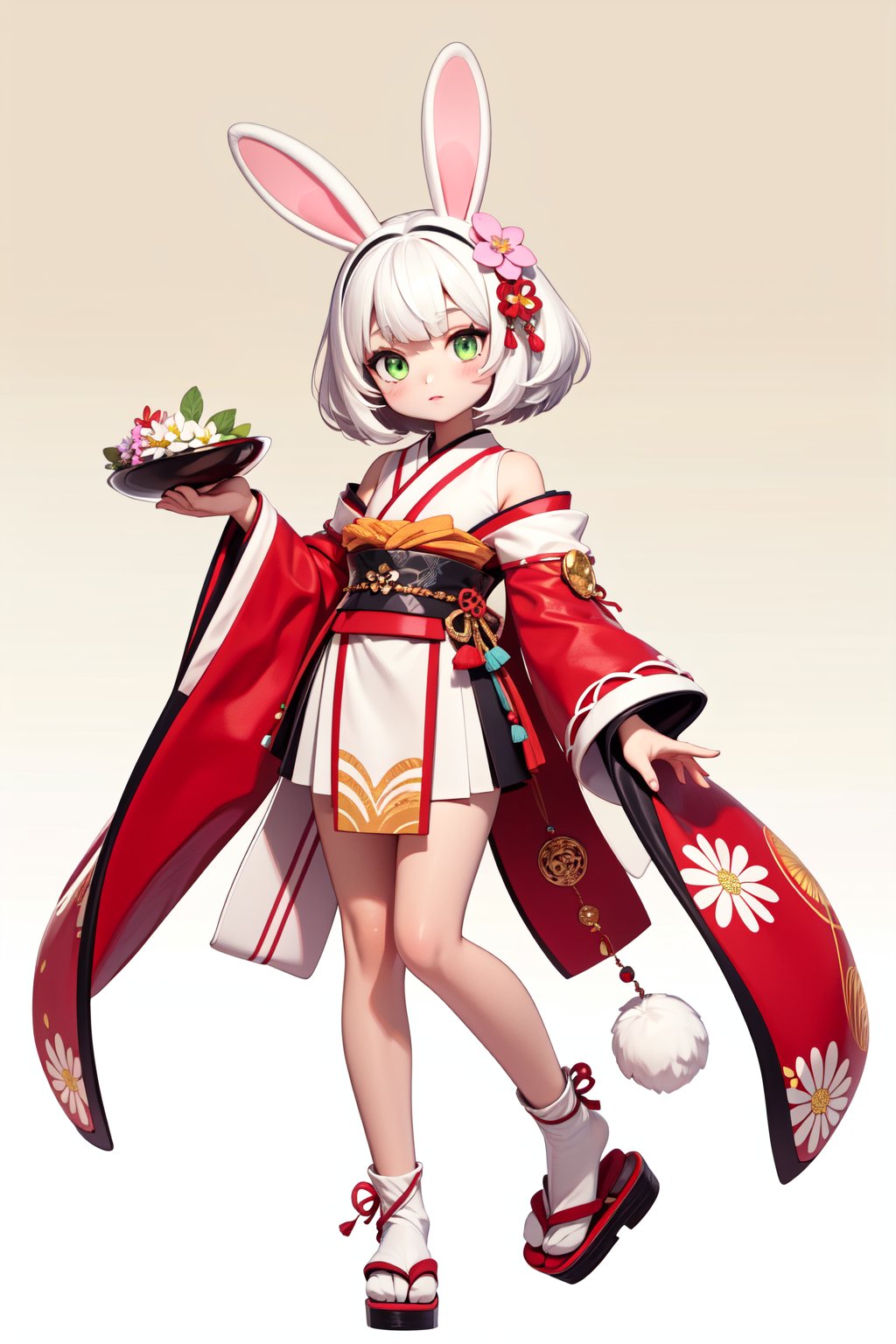 1girl,animal ears,green eyes,white hair,rabbit ears,solo,japanese clothes,hair ornament,tail,flower,hair flower,, masterpiece,best quality,very aesthetic,absurdres,