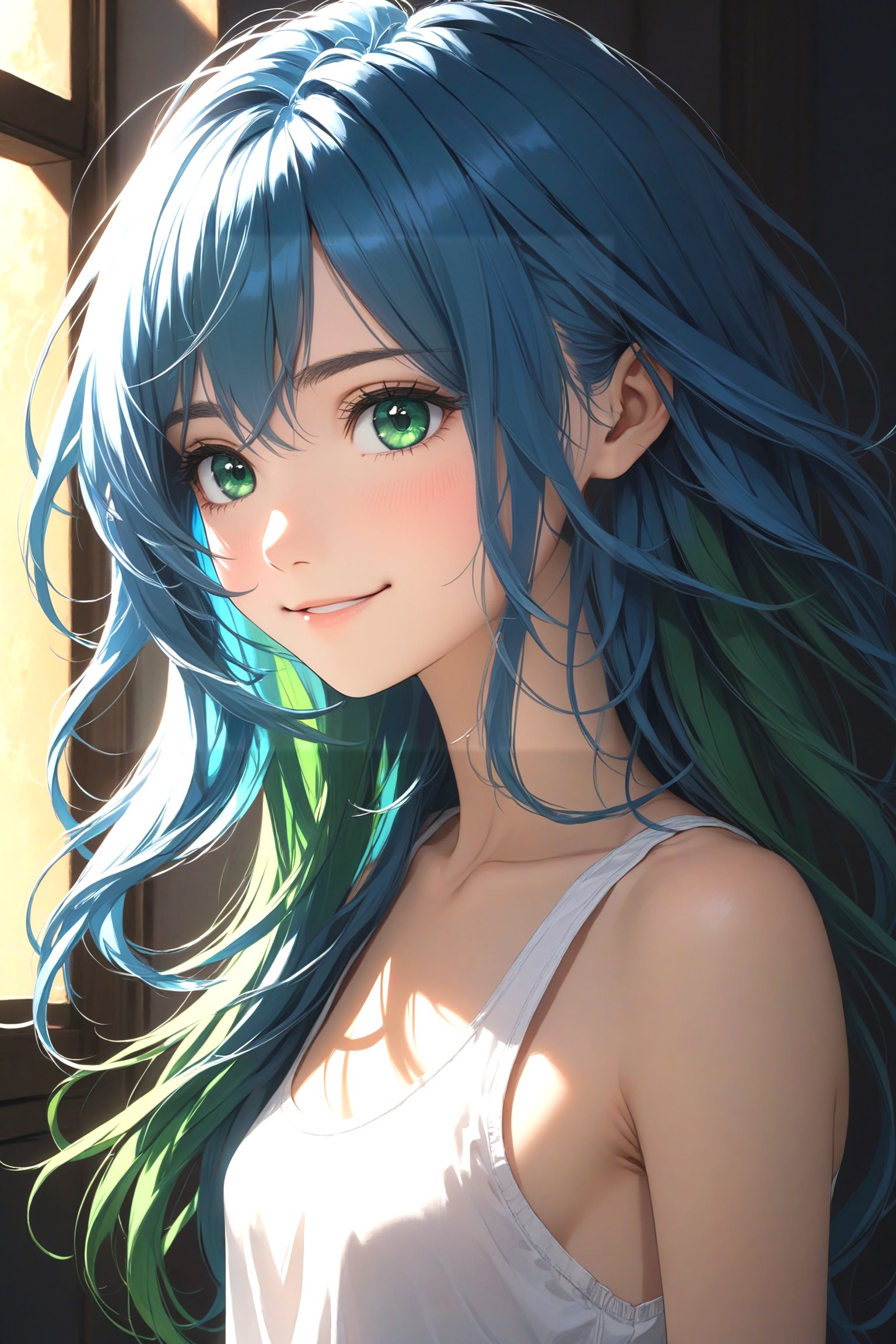 a beautiful blue haired girl, long messy hair, beautiful detailed deep green eyes,  shy smile, small breasts, white tank top, upper body view, ultra realistic, colorful,(masterpiece:1.2), (best quality:1.2), ultra-detailed, best shadow, detailed background, high contrast, (best illumination, an extremely delicate and beautiful), ((cinematic light)), hyper detail, dramatic light, intricate details, 8k,  very aesthetic,