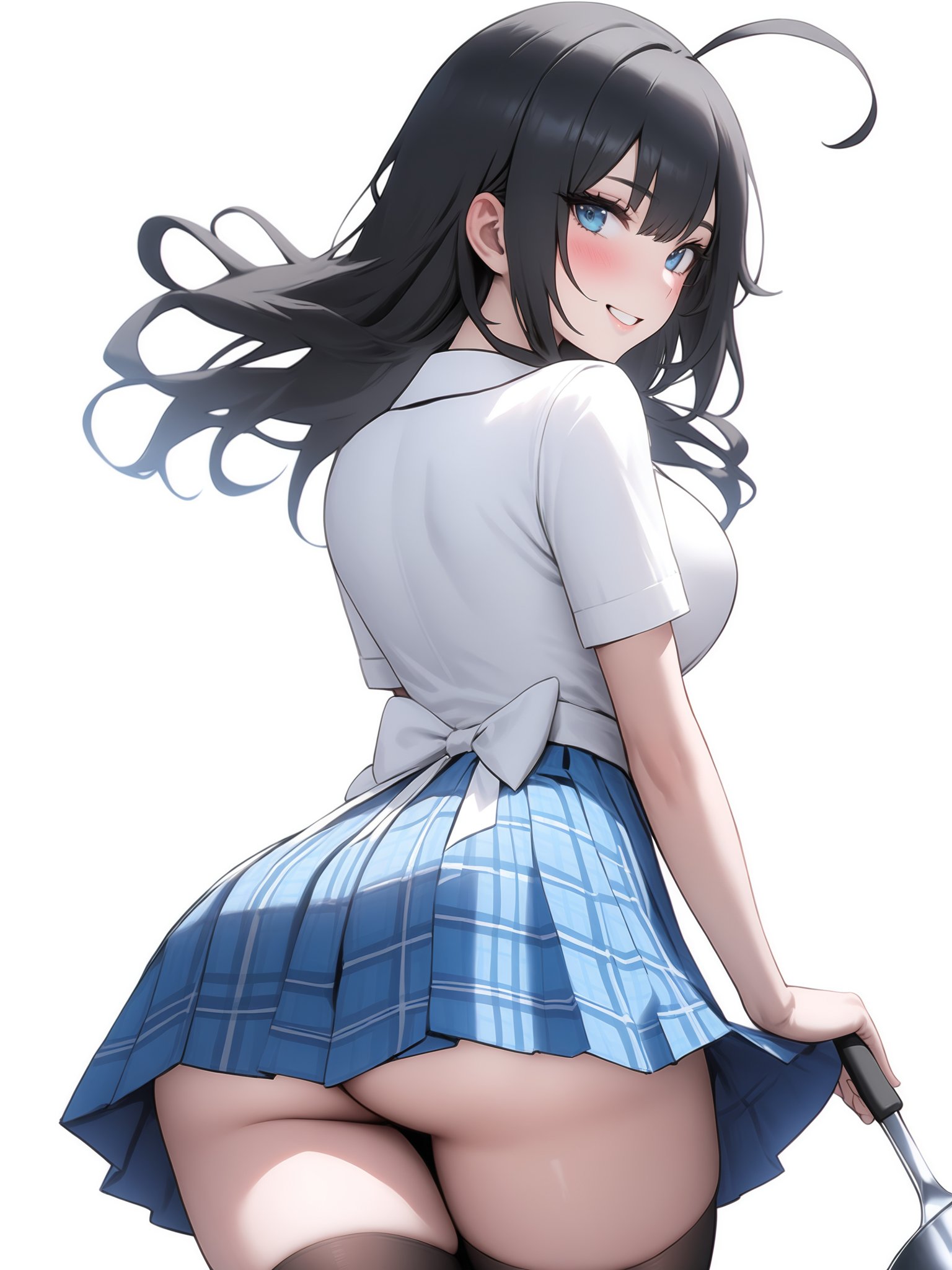 <lora:xl_Korean style(kohaku_delta)-000004:1>,Korean style,1girl, solo, ass, blue eyes, long hair, thighhighs, black hair, apron, skirt, smile, ladle, looking back, black legwear, looking at viewer, white background, simple background, from behind, plaid, plaid skirt, breasts, holding, school uniform, pleated skirt, large breasts, thigh gap, ahoge, eyebrows visible through hair, blue skirt, short sleeves, blush, frills, cowboy shot, masterpiece, best quality,