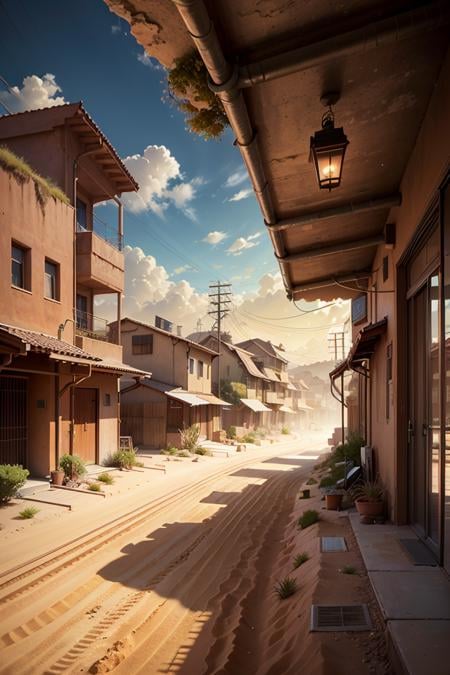 lanscape, sunagakure houses bulidings from sand, neighborhood, dirt, cables, desert, dust, sand, sky cloud, pipes, electricity, cloudy sky, anime style, ghibli style, <lora:ARWSunagakure:1>