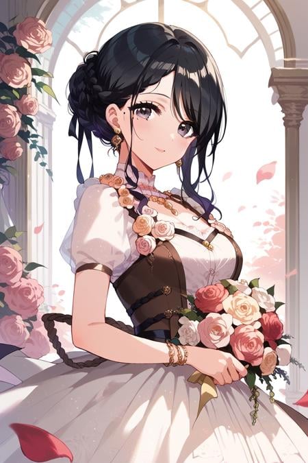 score_9, score_8_up, score_7_up, score_6_up,<lora:Takao_Toka:0.9> takao, 1girl, solo, dress, black hair, flower, earrings, jewelry, rose, bouquet, braid, petals, holding, mole, looking at viewer, black eyes, bday