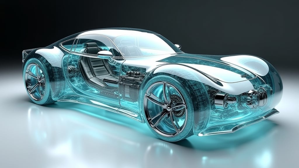 photo of a transparent future car, Car is fully made from glass , revealing engine and transmission, very detailed, UHD, Ceramic glass craft style, combines ceramic and glass materials to create unique and innovative artwork, offers versatility in texture and transparency, allows for experimentation with light and color