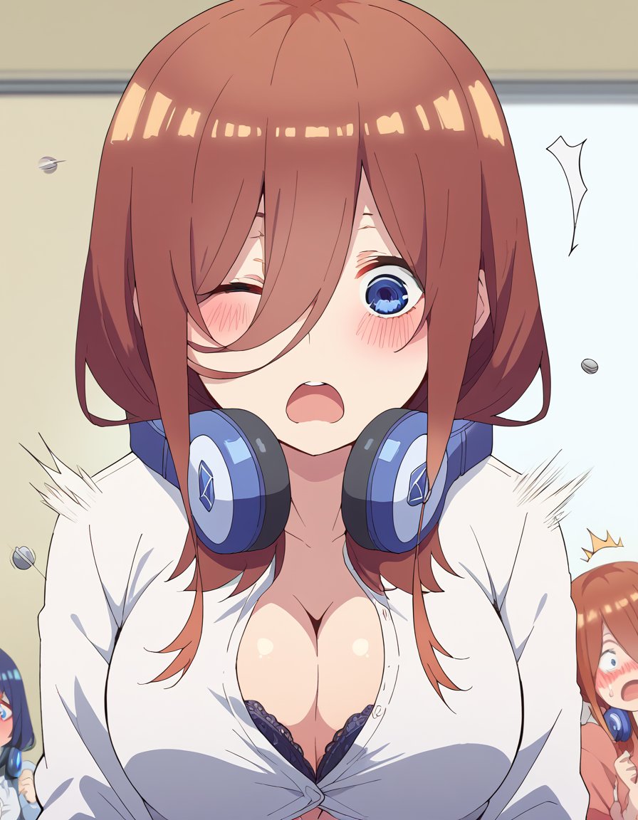 score_9, score_8_up, score_7_up, source_anime, mikunakano, <lora:miku-nakano-s2-ponyxl-lora-nochekaiser:1>, miku nakano, long hair, bangs, blue eyes, brown hair, hair between eyes, headphones, headphones around neck,, <lora:flying-button-ponyxl-lora-nochekaiser:1>, flying button, popped button, bursting breasts, wardrobe malfunction, button gap, bra peek, surprised, motion blur, shirt, cleavage, motion lines, ?!,, indoors, blush, open mouth, one eye closed,, cowboy shot, dutch angle,