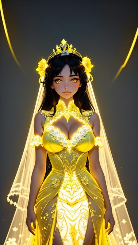 glowing-neon-yellow-floral-gown, glowing-neon-yellow-tiara, 1girl, black hair, brown eyes, large full lips, large breasts, <lora:lukethighwalkerneonv8sd15:0.6>