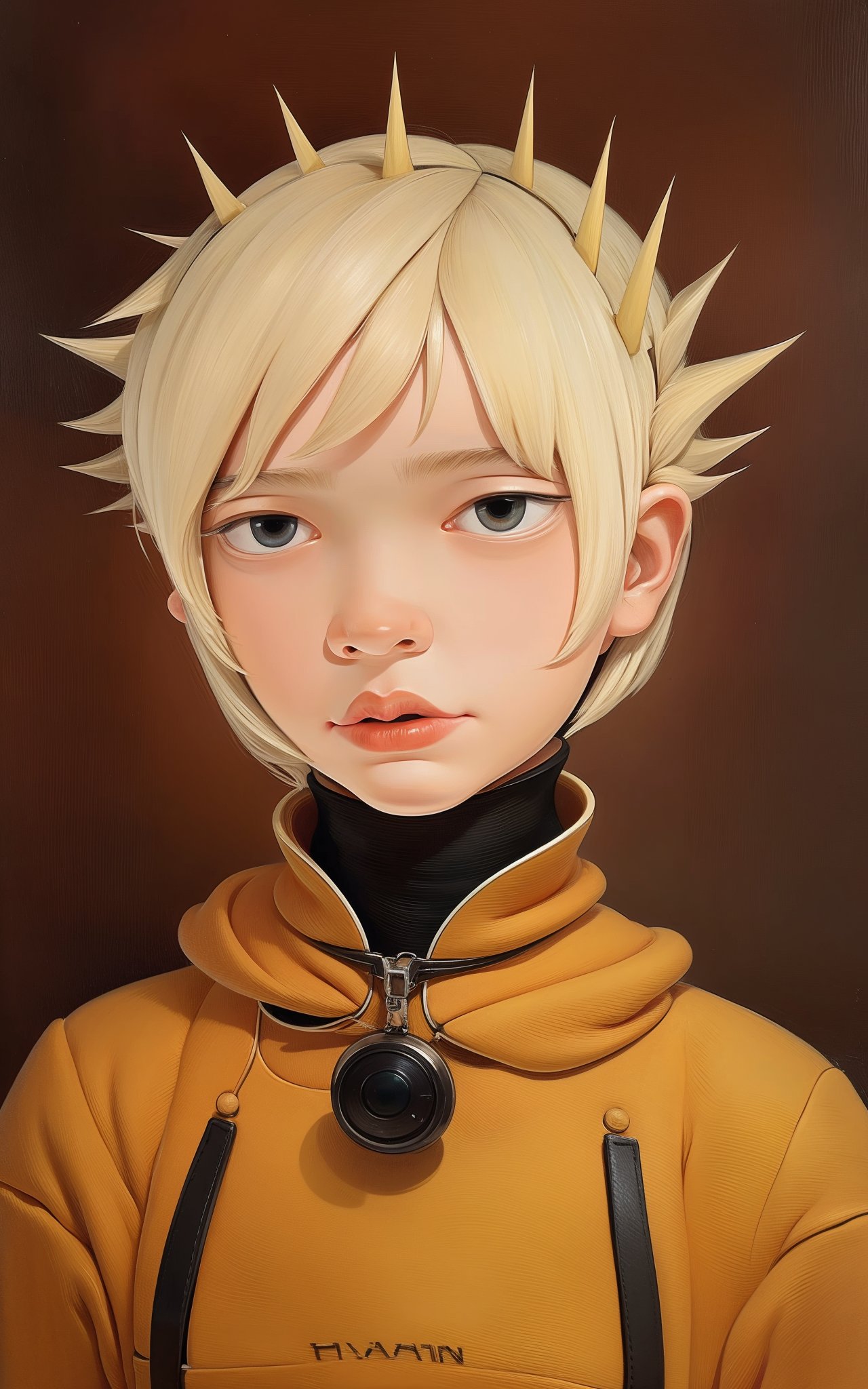 a painting,Inverted triangle body,Short spiky platinum blonde hairstyle,Tangerine TangoOversized hoodie and leather leggings,Ivy-covered stone cottage in the countryside,Futuristic dystopian city viewpoint displaying a blend of high-tech and decay,Round faceMelancholic facial expression,dynamic attitude,