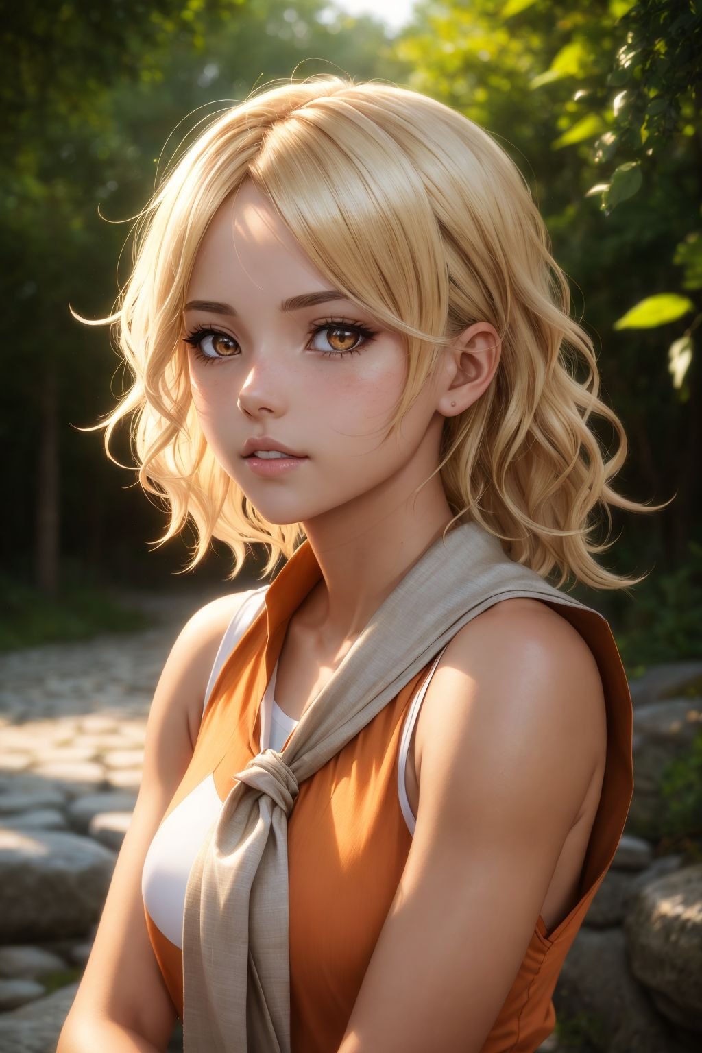 realistic photo of an anime girl, (outdoors), detailed face+eyes, (detailed texture), picturesque, day, dappled sunlight, attractive, full lips, short hair, wavy hair, parted hair, parted bangs, forehead, hair intakes, blonde hair, hawk eyes, white eyes, masterpiece, varied depth of field, limited palette, (cute), bandana, landscape, (tan skin), bracelet, orange shirt, sleeveless, whisker markings, (varied depth of field:0.8), looking, orange, ambient lighting