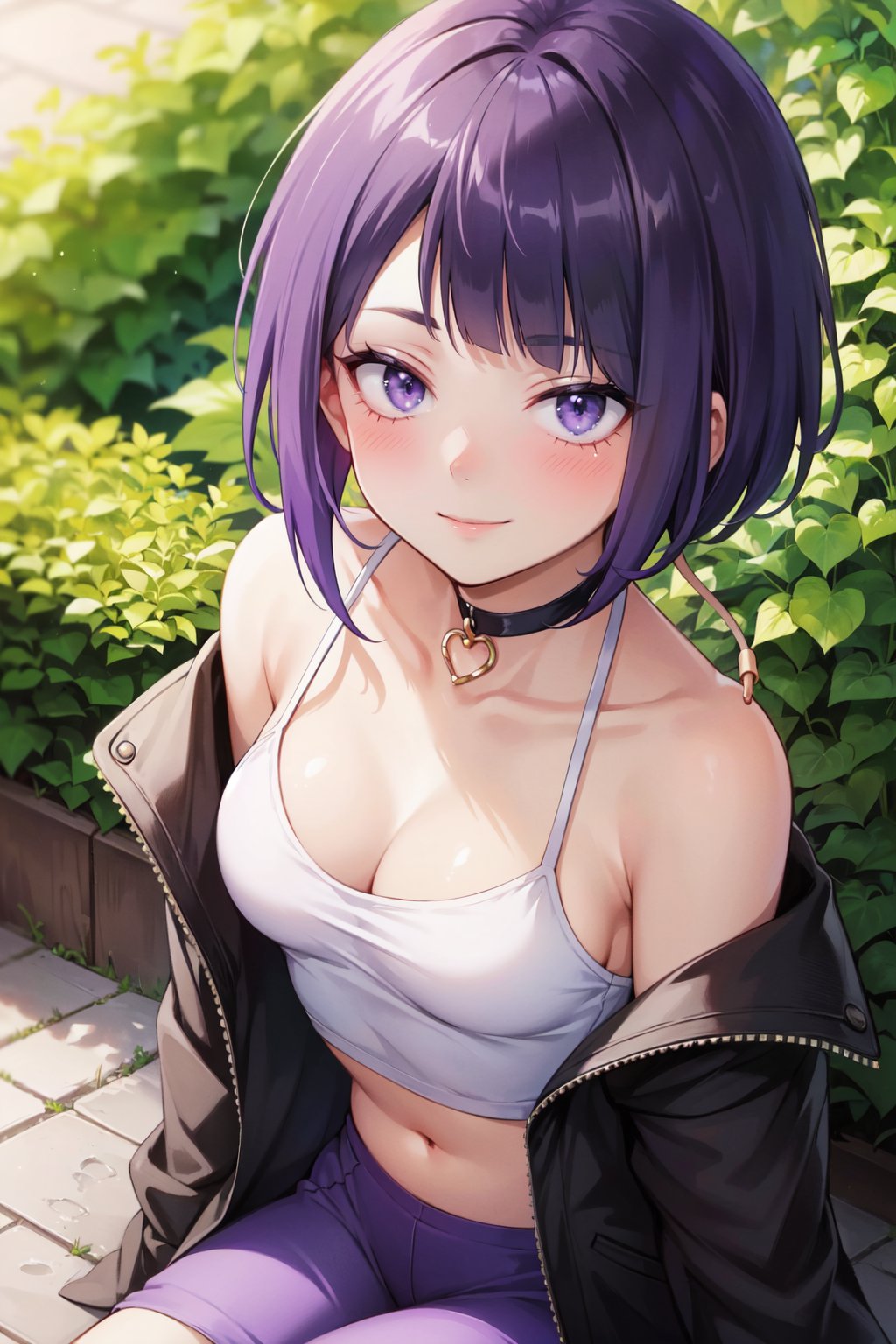 (best quality, ultra detailed), ((full-face blush)), (detailed background:1.2), (perfect face, detailed face), looking at viewer, (mature female:1.4), smile<lora:jirou_kyouka-10:0.9> jirou_kyouka, short hair, blunt bangs, purple hair, shirt, navel, choker, collarbone, jacket, purple eyes, medium breasts(garden, outdoors, sitting )  