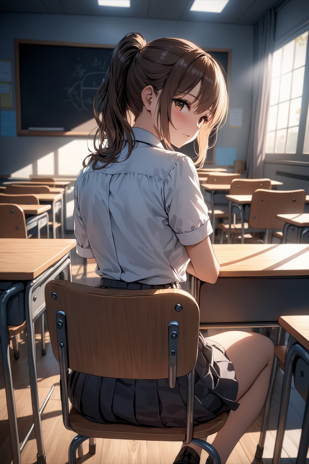 1girl, solo, brown hair, ponytail, school uniform, looking back, from behind, sitting on chair, desk, classroom, black board, transparent, masterpiece, best quality, (Depth of field hdr 8k 4k wallpaper cinematic angle, cinematic lighting,:1.5) (masterpiece, best quality:2.0), (Depth of field hdr 8k 4k wallpaper cinematic angle, cinematic lighting,:1.5) (masterpiece, best quality:2.0)