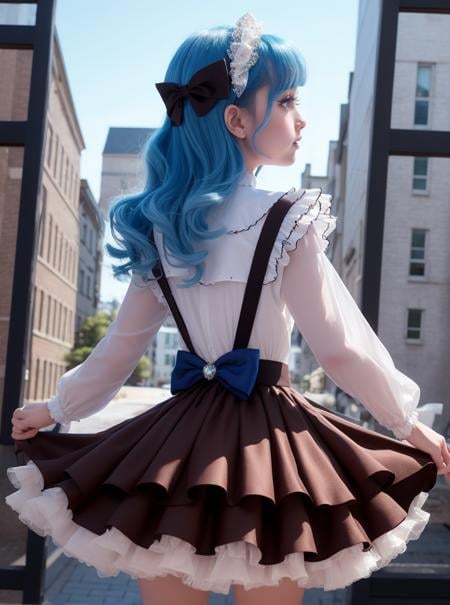 beautiful 1girl wearing a oxford brown (idol dress) <lora:idol_dress-2.0:0.8>,layered skirt, frills, ribbon, bow, sequins, (sapphire blue hair Wavy Bob),(Sky Villages),from behind,marching,confident