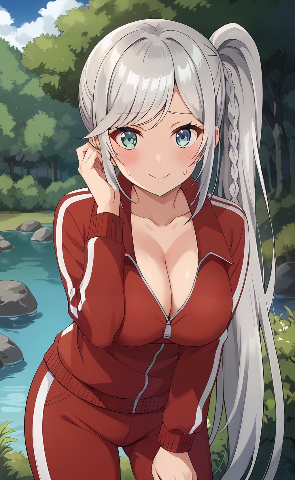 score_9, score_8_up, score_7_up,  <lora:Livia_de_Udis:1> livia_wz, very long hair, side ponytail, grey hair, heterochromia,  blue eyes, green eyes, braid, large breasts, red jacket, track jacket, track suit, red pants, track pants, cleavage, long sleeves, standing, cowboy shot, looking at viewer, blush, nervous smile, sweatdrop, leaning forward, adjusting hair, river, nature, rocks, cloud