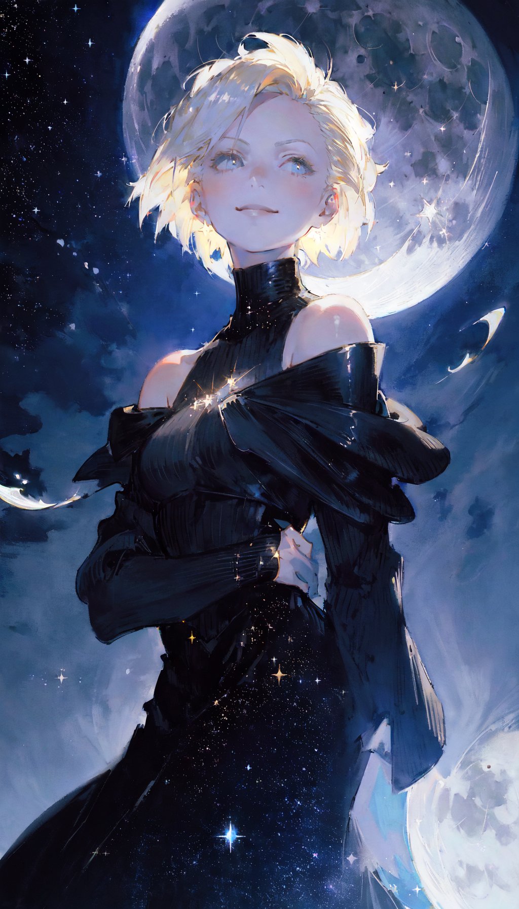 masterpiece, best quality, portrait, 1girl, short hair, platinum blonde hair, turtleneck, open jacket, off shoulder, smug, smirk, elegant, floating hair, dark moody lighting, night sky, night, starry sky, (moon, full moon, glittering, sparkle, light particles:1.2)