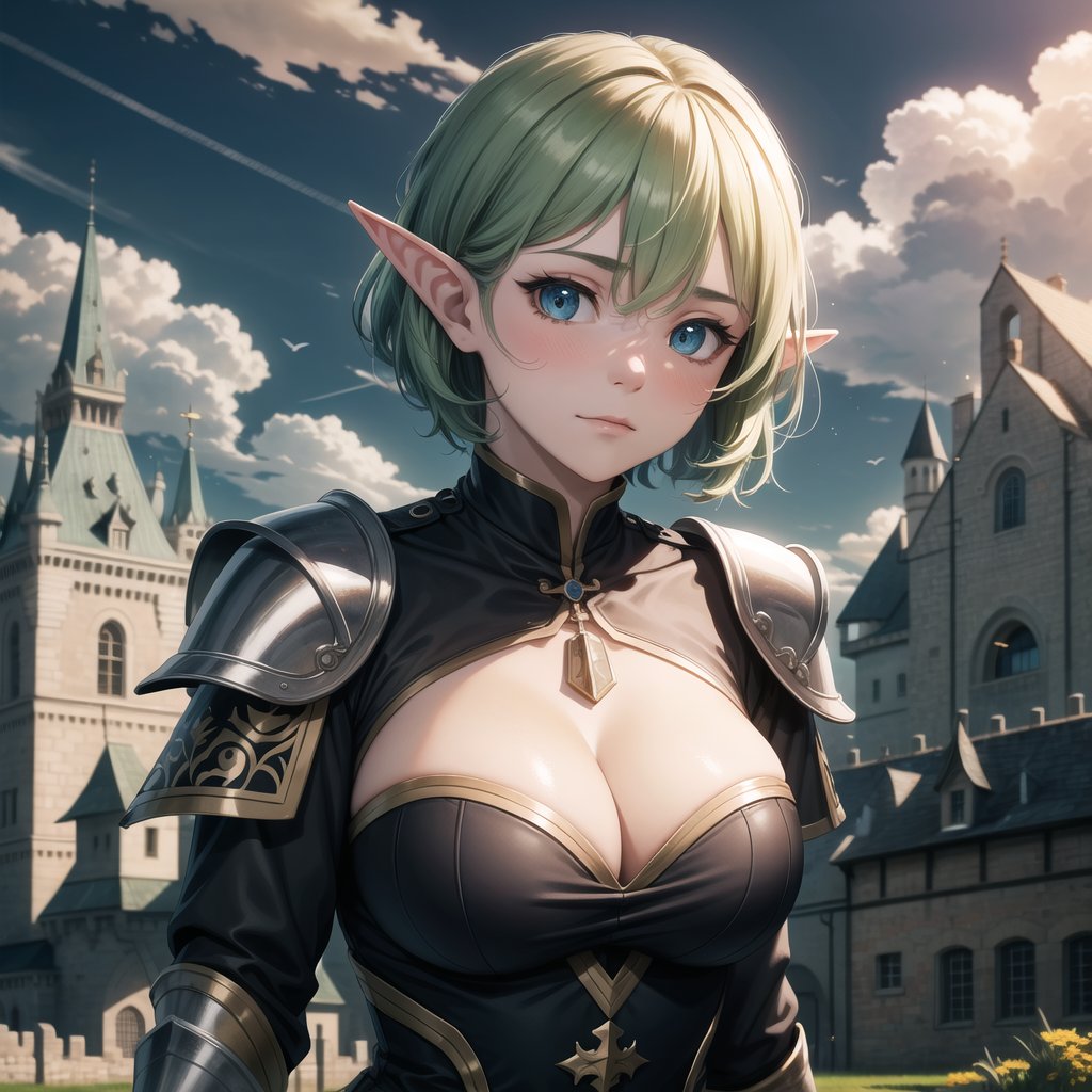 ((masterpiece, best quality, extremely detailed), volumetric lighting, ambient occlusion, colorful, glowing, expressive eyes),

1girl, light green hair, short hair, elf ears, (medieval armor), black suit, neckline, cleavage, knee high boots,
daytime, sun, clouds, grass, castle, medieval castle,
(medieval theme), (fantasy theme),

open eyes, blush, ashamed, closed mouth,
upper body, close up, portrait,