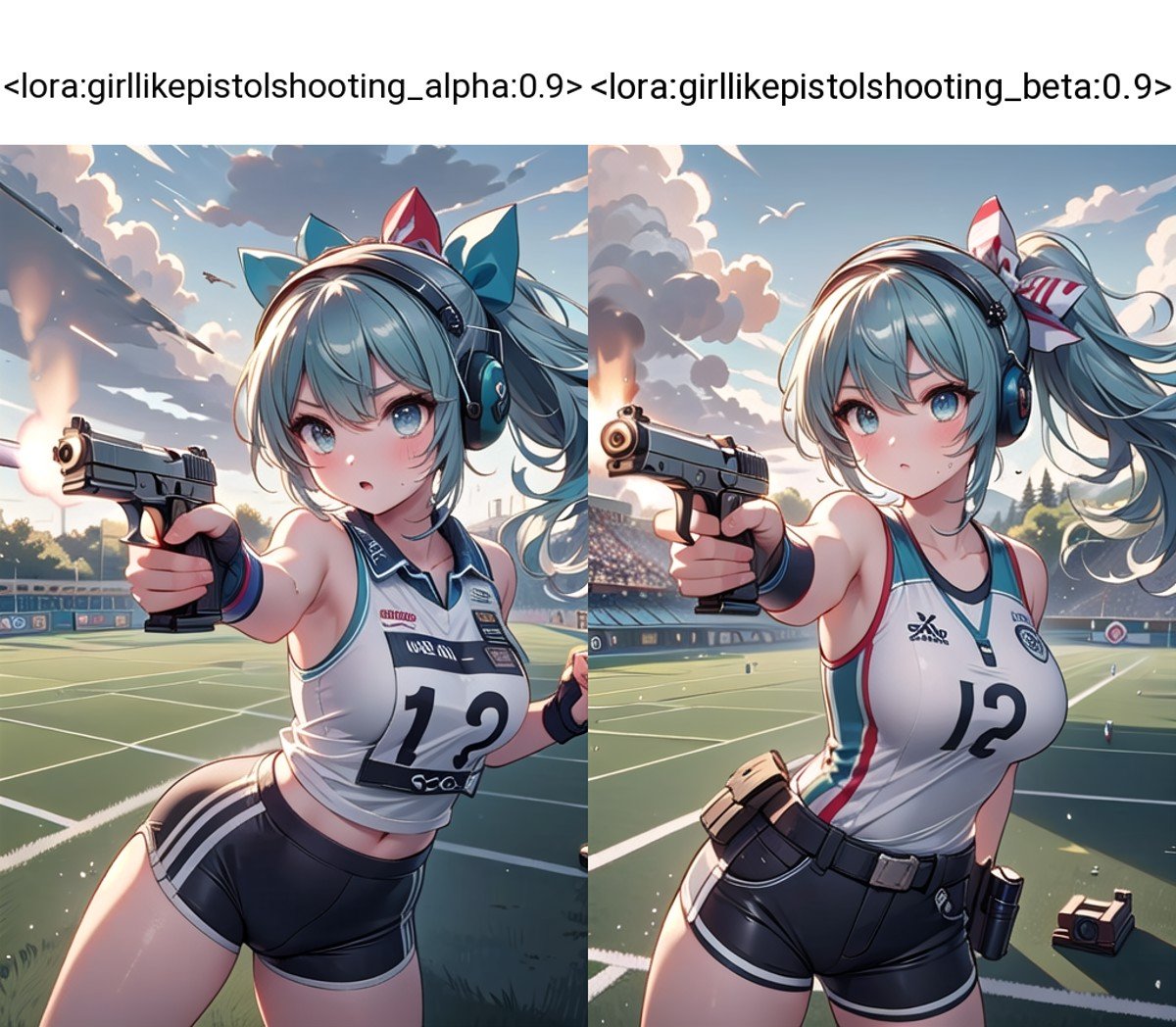 (((masterpiece))), (((best quality))), (((target in range))), ((pistol shooting)), (holding air handgun), outstretched arm, muzzle flash, aiming at viewer, firing, player uniform, sleeveless, sports shorts, ear defenders, fingerless gloves, sky, wind, steam, sweat, shadow, 1girl, ribbon, aqua hair, wavy hair, floating hair, big tits, standing, <lora:girllikepistolshooting_alpha:0.9>