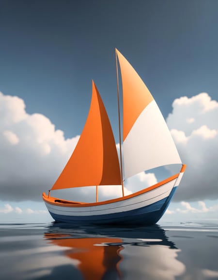 animation about a Boat, in the style of dark white and orange, minimal design, realistic painted still lifes, cartoonish innocence, dark sky-blue and white