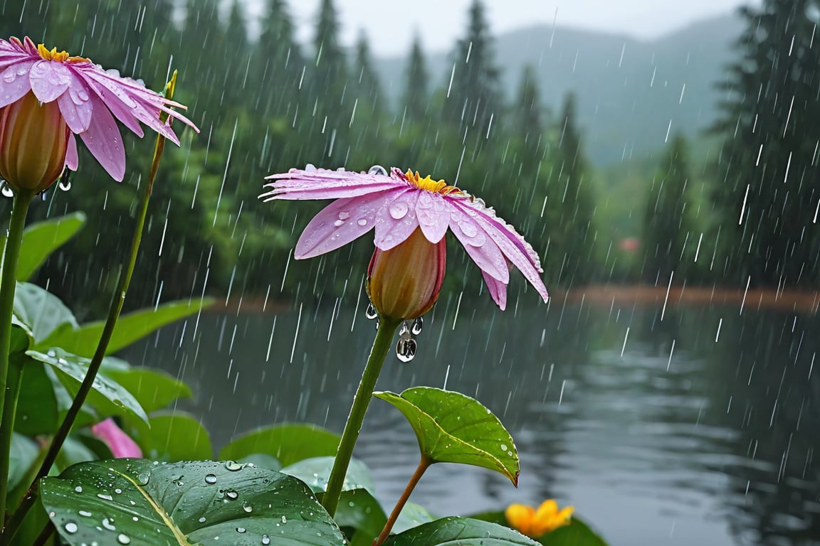 Heavy rain falling so much that you can't see in a beautiful landscape of mountains,  lakes,  forests,  and flowers. thick raindrops.Every raindrop that falls on the surface of the lake splashes water.It rains so much that water droplets fall on flowers and trees.Ultra-clear,  Ultra-detailed,  ultra-realistic,  full body shot,  very Distant view,<lora:EMS-74471-EMS:0.400000>,<lora:EMS-57135-EMS:0.400000>,<lora:EMS-24184-EMS:0.800000>
