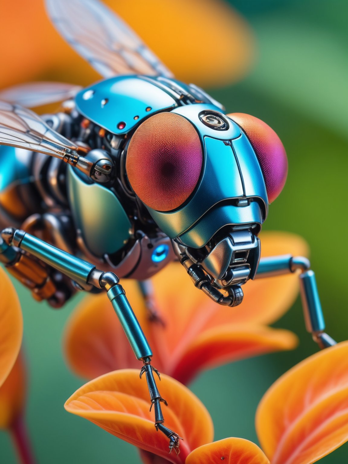 a real, realistic, macro photo of a robot cyborg metallic fly on a colorful plant