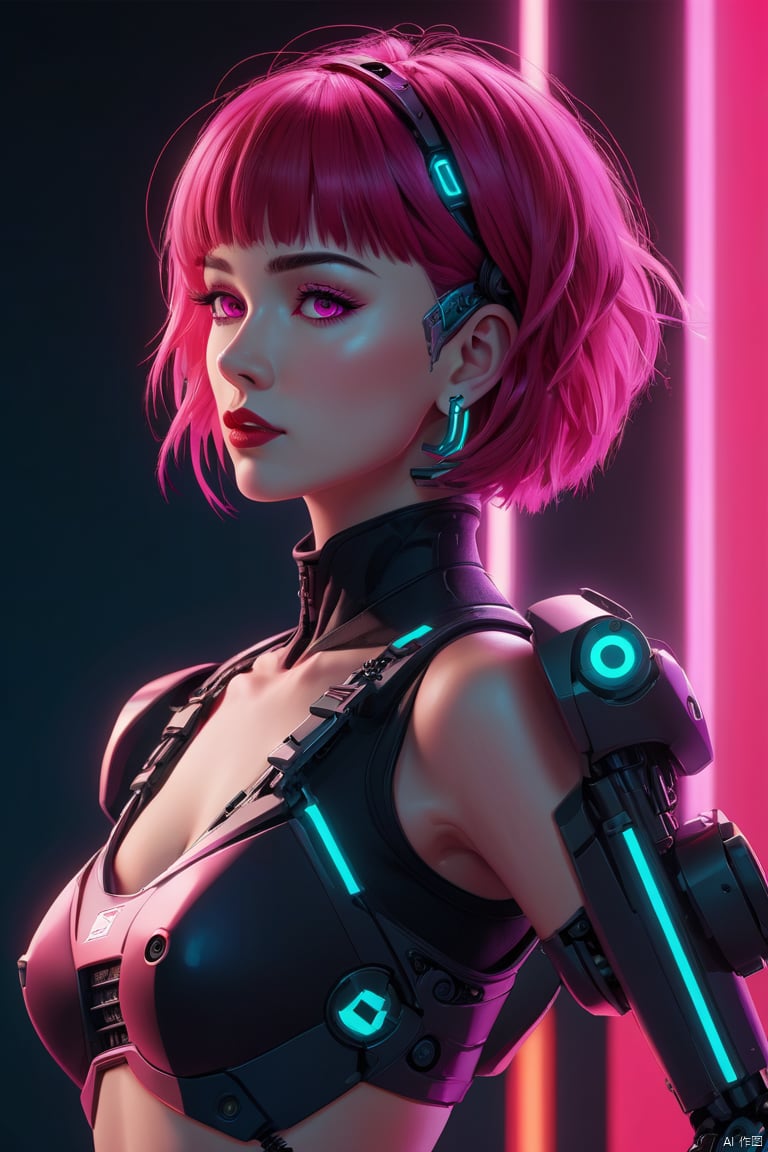 Anime Artwork Lucy (Cyberpunk),  Pink Short Hair,  Pink Eyes,  Red Lips,  Front,  Full Body,  Tights,  Punk Stud Earrings,  Bossy,  Brave,  Key Visual,  Vibrant,  High Detailed,  Illustration,  Short Straight Hair,  Futurism,  NFT Art,  Solid Color Background,  Robotic Arm,  Cartoon Coloring,  Tyndal Effect. Non-Realistic Rendering Transparency,  Color Tilt,  Animation,  Blender Geometry Art,  Intrlligence 4k Image,  Epic,  Cinematic Effects,  Neon Cold Pounding,  Octane Rendering,  OC,  8k