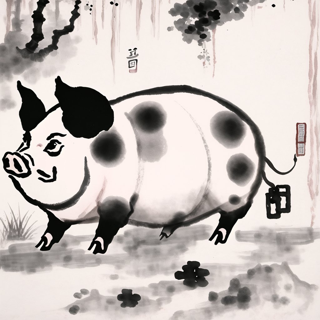 <lora:shuimo:1>,chinese ink and wash painting,pig,in a meadow,