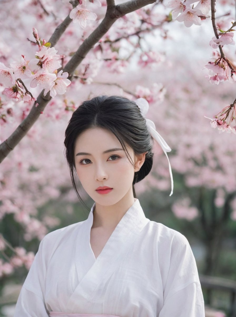 The image showcases a serene scene of a woman dressed in white, seemingly of East Asian descent. She is positioned outdoors amidst what appears to be blossoming trees with pale pink flowers. Her eyes are gently closed and her face carries a tranquil expression. She has long dark hair neatly tied back. The woman wears minimal makeup, emphasizing her natural beauty. Her attire, resembling traditional clothing, is simple yet elegant. The overall ambiance exudes calmness and peace, as if she's deeply immersed in contemplation or enjoying the moment.